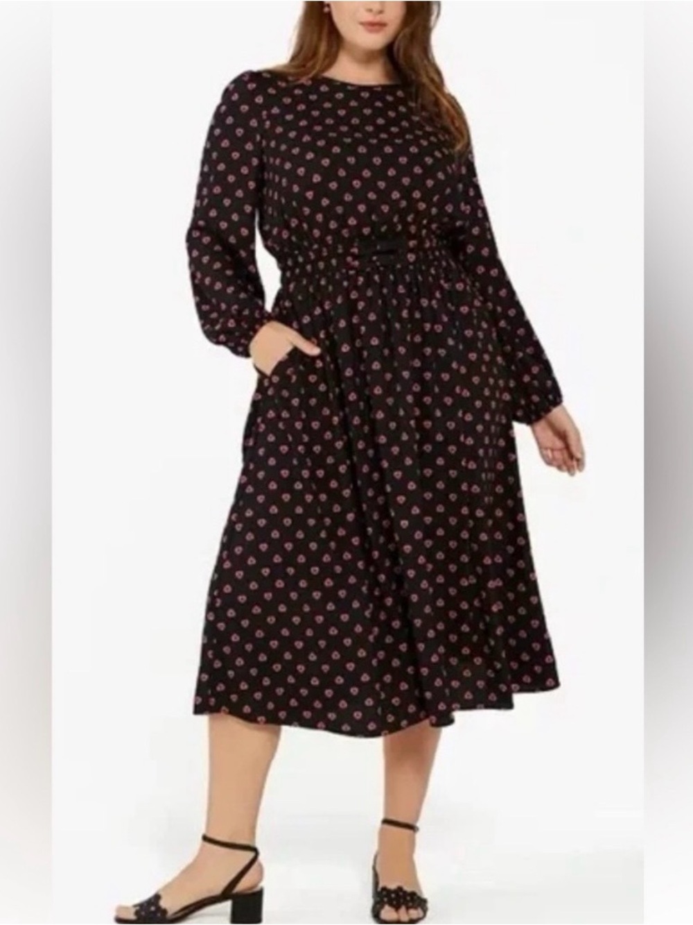 kate spade Black Midi Dress Red Heart Print Bows at Waist XL